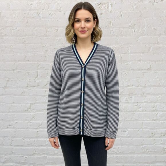 โจ J.Jill Striped Cardigan XL ๐ Black Wool Blend Button Front V-Neck ๐ - Picture 1 of 15